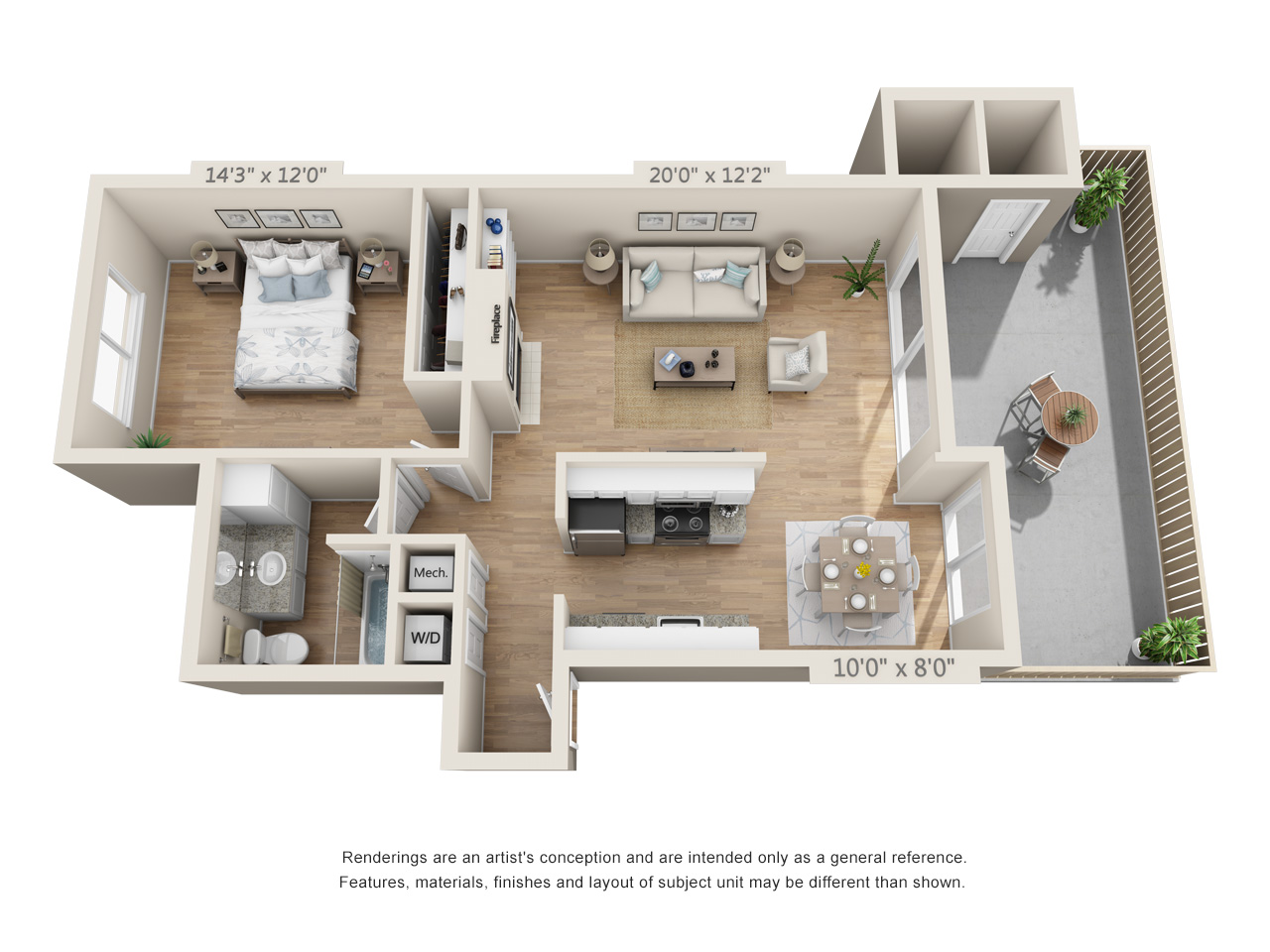 Floor plan for 1 bed, 1 bath, 790 sqft